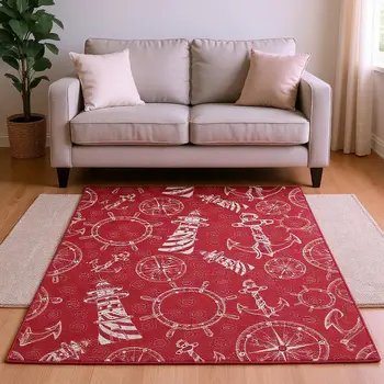 9' X 12' Red And Ivory Nautical Washable Area Rug With UV Protection