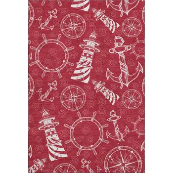 9' X 12' Red And Ivory Nautical Washable Area Rug With UV Protection