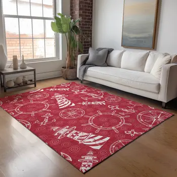 10' X 14' Red And Ivory Nautical Washable Area Rug With UV Protection