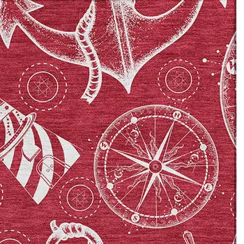 10' X 14' Red And Ivory Nautical Washable Area Rug With UV Protection