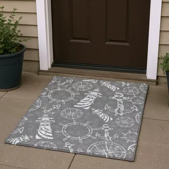 3' X 5' Gray And Ivory Nautical Washable Area Rug With UV Protection