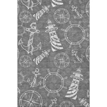 5' X 8' Gray And Ivory Nautical Washable Area Rug With UV Protection