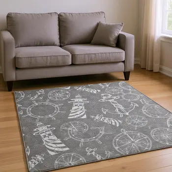 8' X 10' Gray And Ivory Nautical Washable Area Rug With UV Protection