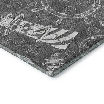 8' X 10' Gray And Ivory Nautical Washable Area Rug With UV Protection