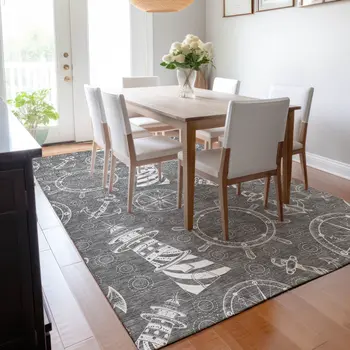 8' X 10' Gray And Ivory Nautical Washable Area Rug With UV Protection