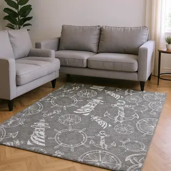 10' X 14' Gray And Ivory Nautical Washable Area Rug With UV Protection