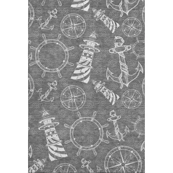 10' X 14' Gray And Ivory Nautical Washable Area Rug With UV Protection