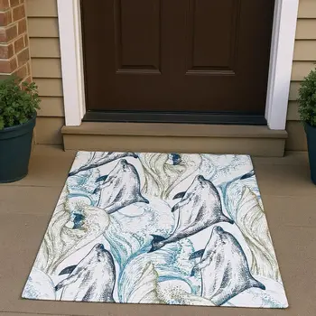3' X 5' Ivory Denim Blue And Taupe Nautical Washable Area Rug With UV Protection