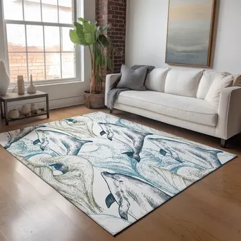 3' X 5' Ivory Denim Blue And Taupe Nautical Washable Area Rug With UV Protection