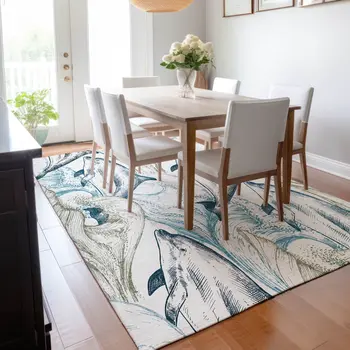 3' X 5' Ivory Denim Blue And Taupe Nautical Washable Area Rug With UV Protection