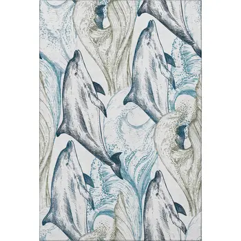 3' X 5' Ivory Denim Blue And Taupe Nautical Washable Area Rug With UV Protection