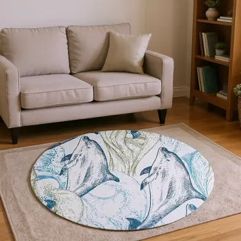 8' Ivory Denim Blue And Taupe Nautical Washable Round Rug With UV Protection