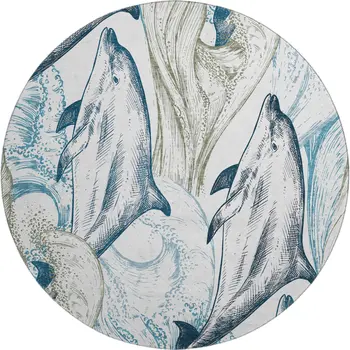 8' Ivory Denim Blue And Taupe Nautical Washable Round Rug With UV Protection