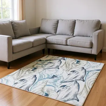 8' X 10' Ivory Denim Blue And Taupe Nautical Washable Area Rug With UV Protection