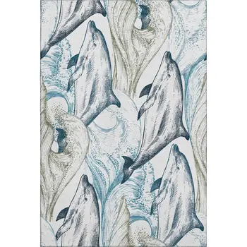 8' X 10' Ivory Denim Blue And Taupe Nautical Washable Area Rug With UV Protection