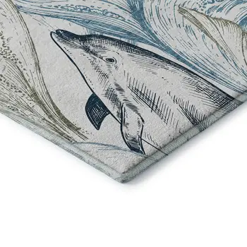 9' X 12' Ivory Denim Blue And Taupe Nautical Washable Area Rug With UV Protection