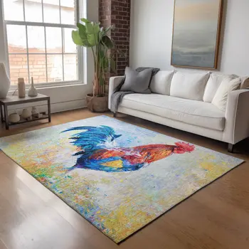 3' X 5' Blue Gold Red And Ivory Animal Print Washable Area Rug With UV Protection