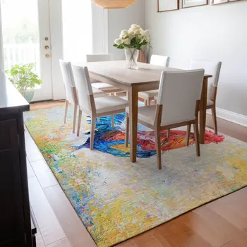 3' X 5' Blue Gold Red And Ivory Animal Print Washable Area Rug With UV Protection