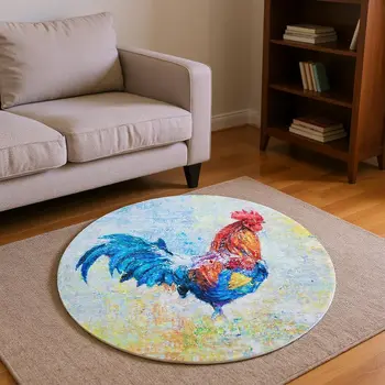 8' Blue Gold Red And Ivory Animal Print Washable Round Rug With UV Protection