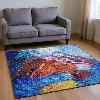 9' X 12' Blue Gold Red And Ivory Animal Print Washable Area Rug With UV Protection