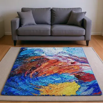 10' X 14' Blue Gold Red And Ivory Animal Print Washable Area Rug With UV Protection