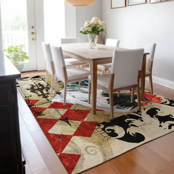 8' X 10' Midnight Red And Beige Animal Print Washable Area Rug With UV Protection