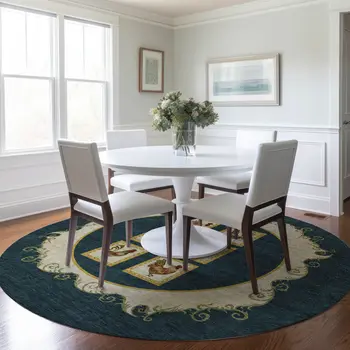 8' Midnight Gold And Red Animal Print Washable Round Rug With UV Protection