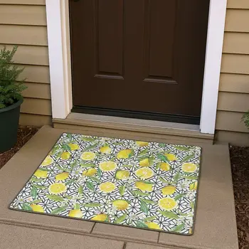 3' X 5' Yellow Ivory And Green Botanical Leaves Washable Area Rug With UV Protection