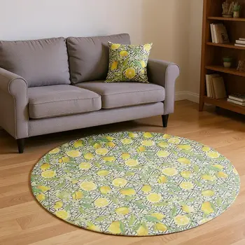 8' Yellow Ivory And Green Botanical Leaves Washable Round Rug With UV Protection
