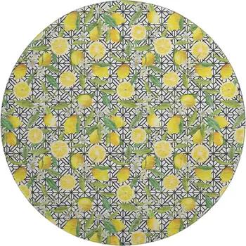 8' Yellow Ivory And Green Botanical Leaves Washable Round Rug With UV Protection