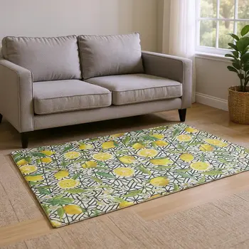 8' X 10' Yellow Ivory And Green Botanical Leaves Washable Area Rug With UV Protection