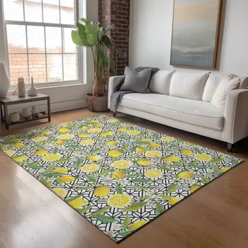 10' X 14' Yellow Ivory And Green Botanical Leaves Washable Area Rug With UV Protection