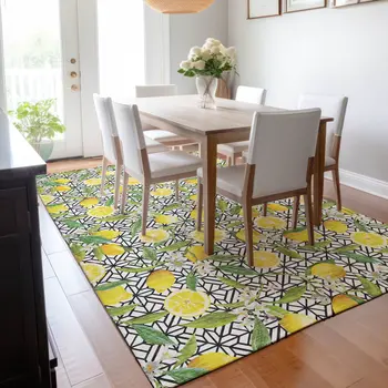 10' X 14' Yellow Ivory And Green Botanical Leaves Washable Area Rug With UV Protection