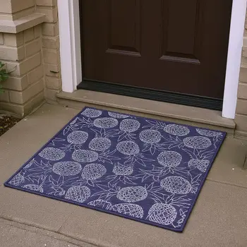 3' X 5' Blue And Ivory Botanical Leaves Washable Area Rug With UV Protection