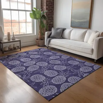 5' X 8' Blue And Ivory Botanical Leaves Washable Area Rug With UV Protection