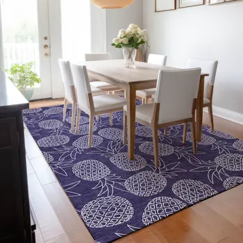 5' X 8' Blue And Ivory Botanical Leaves Washable Area Rug With UV Protection