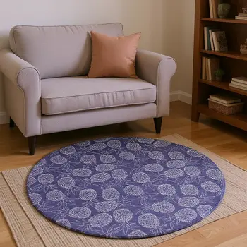 8' Blue And Ivory Botanical Leaves Washable Round Rug With UV Protection