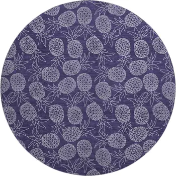8' Blue And Ivory Botanical Leaves Washable Round Rug With UV Protection