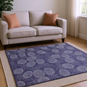 9' X 12' Blue And Ivory Botanical Leaves Washable Area Rug With UV Protection
