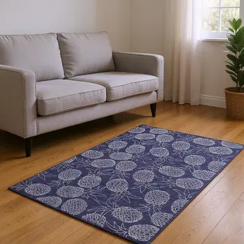 10' X 14' Blue And Ivory Botanical Leaves Washable Area Rug With UV Protection