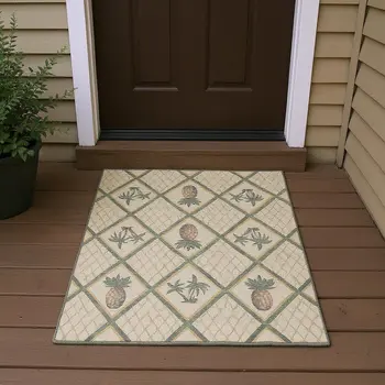 3' X 5' Beige Gold And Gray Botanical Leaves Washable Area Rug With UV Protection