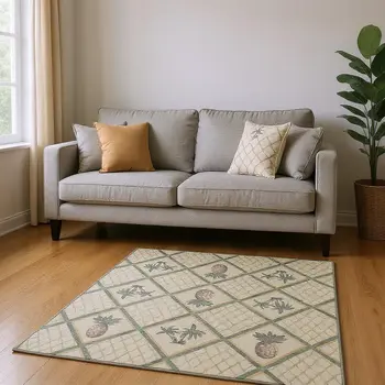 5' X 8' Beige Gold And Gray Botanical Leaves Washable Area Rug With UV Protection