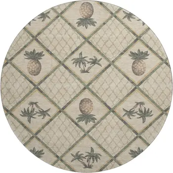 8' Beige Gold And Gray Botanical Leaves Washable Round Rug With UV Protection