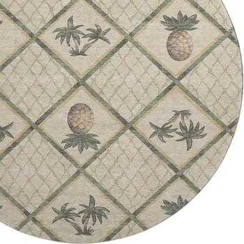 8' Beige Gold And Gray Botanical Leaves Washable Round Rug With UV Protection