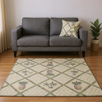 8' X 10' Beige Gold And Gray Botanical Leaves Washable Area Rug With UV Protection