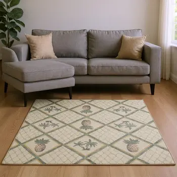 9' X 12' Beige Gold And Gray Botanical Leaves Washable Area Rug With UV Protection