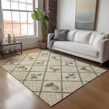 9' X 12' Beige Gold And Gray Botanical Leaves Washable Area Rug With UV Protection