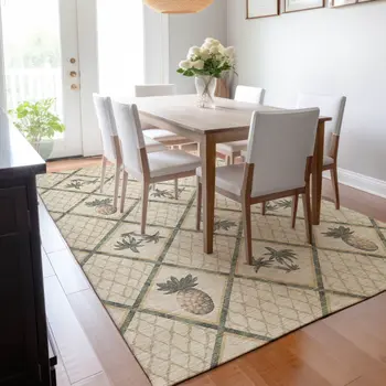 9' X 12' Beige Gold And Gray Botanical Leaves Washable Area Rug With UV Protection