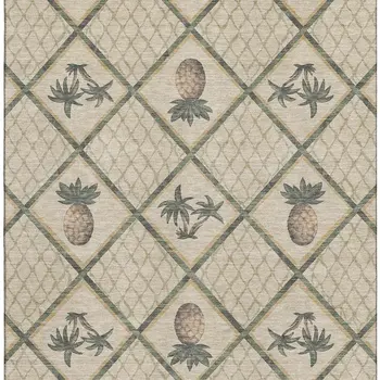 9' X 12' Beige Gold And Gray Botanical Leaves Washable Area Rug With UV Protection