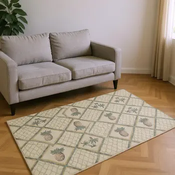 10' X 14' Beige Gold And Gray Botanical Leaves Washable Area Rug With UV Protection